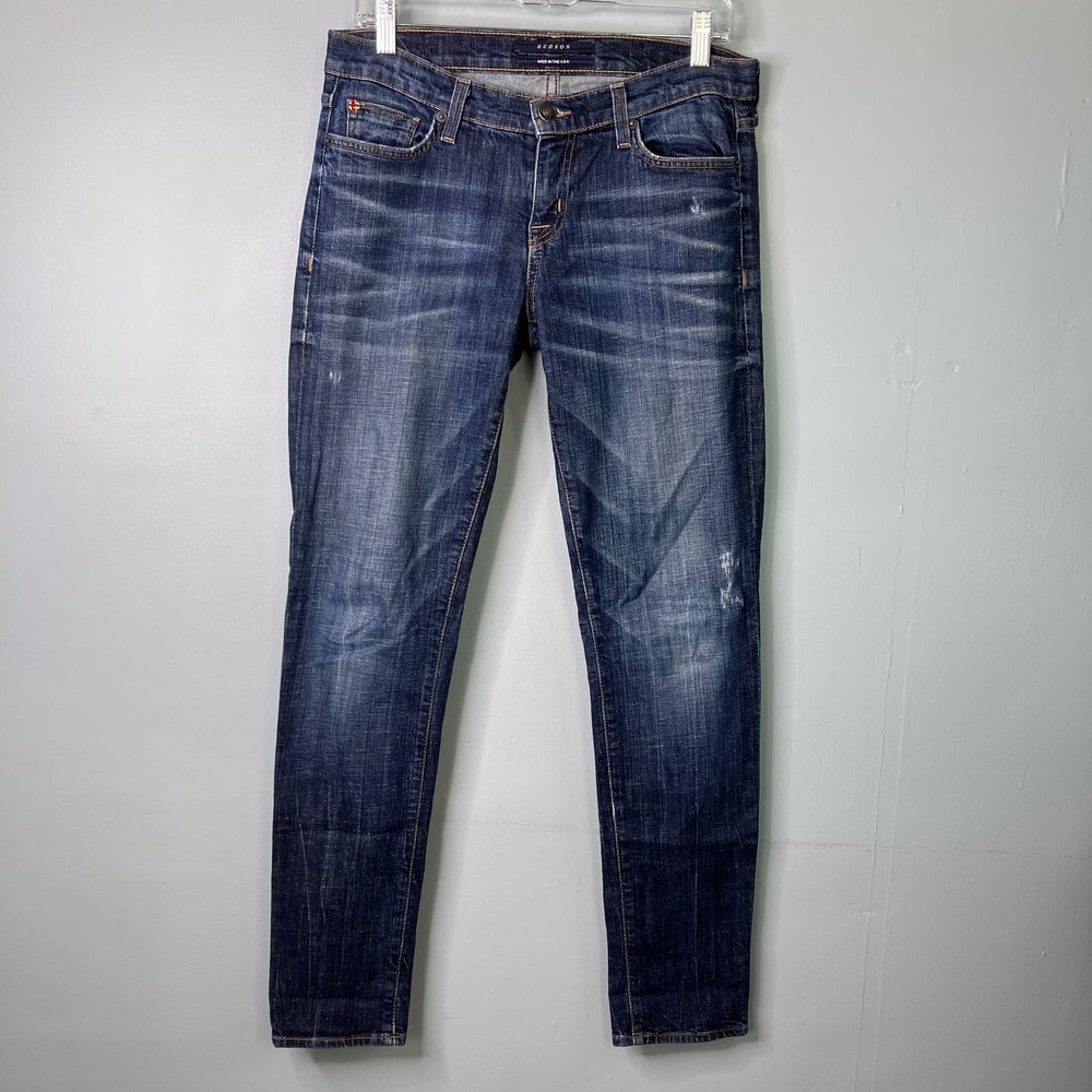 Hudson Dark Blue Wash Stretch Denim Distressed Skinny Jeans Womens Sz 29 W437DHC